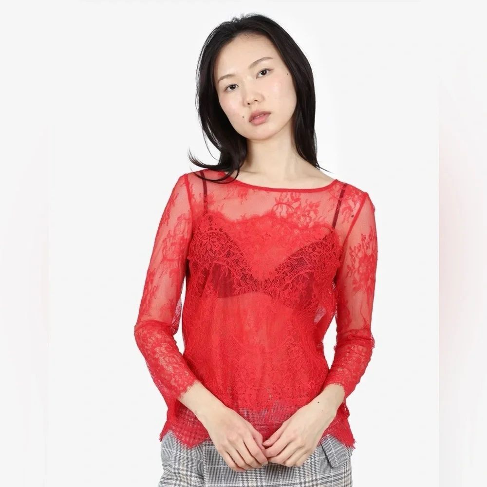 The Kooples Red Sheer Floral Lace Long Sleeve Top Size Small